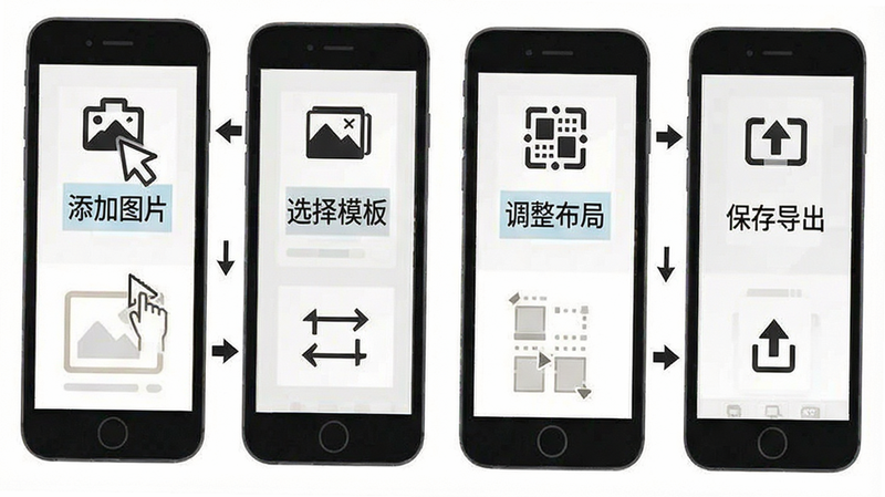 拼就乐手机端操作教程示意图,分步骤展示点击“添加图片”、“选择模板”、“调整布局”、“保存导出”四个关键步骤,图标简洁明了,背景为白色,文字标注清晰,高清矢量风格,无多余装饰