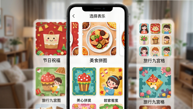 拼就乐模板选择界面预览,手机屏幕展示多个精美拼图模板缩略图,包括“节日祝福”、“美食拼图”、“旅行九宫格”等分类标签,色彩鲜艳丰富,界面布局整齐,背景虚化处理突出前景模板,高清摄影级质感,文字清晰可辨