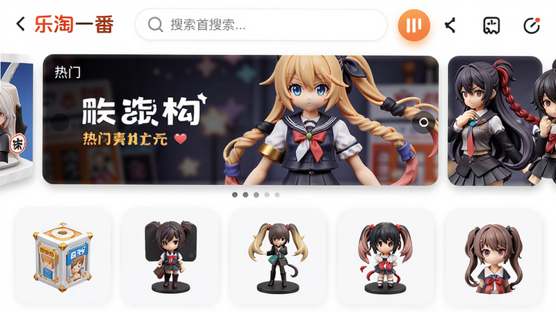 主体为乐淘一番APP首页界面截图,布局清晰展示顶部搜索栏、中间轮播横幅图(内容为热门动漫手办)、下方网格状商品列表(包含盲盒、手办图标)。排版紧凑有序,风格采用清新二次元动漫风,细节处有柔和阴影增加立体感,画质高清,色彩明亮饱和,干净无多余水印元素,背景为纯白渐变。