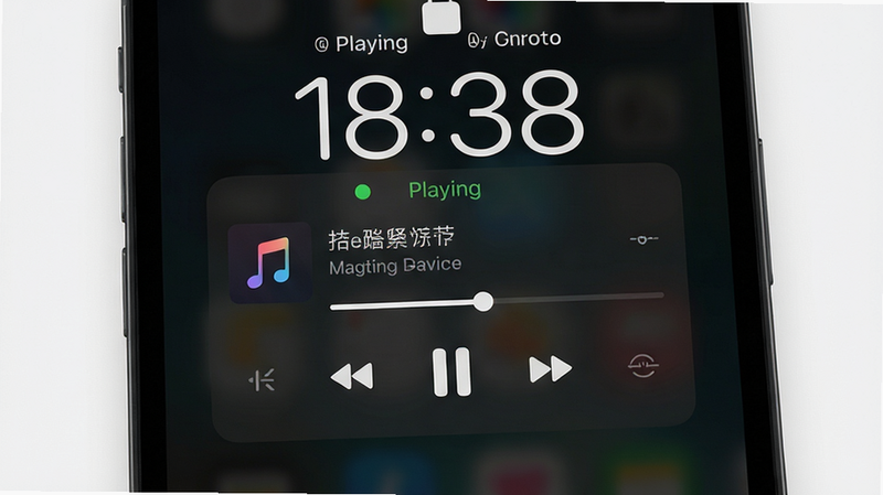 手机锁屏界面预览图,主体为音乐播放控件卡片,布局悬浮于时间上方,排版简洁,风格深色模式,细节显示歌曲名称和进度条,画质逼真,干净无多余元素,文字“Playing”状态指示