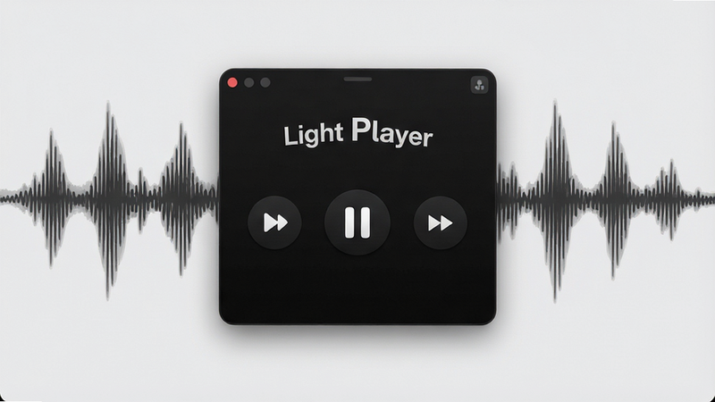 一张展示Light Player应用界面的高清截图,主体为深色模式的播放控制界面,布局简洁,包含播放、暂停、下一曲按钮,背景隐约可见声波波纹,排版居中,风格现代极简,细节清晰,画质8k,干净无多余元素,文字“Light Player”清晰可见