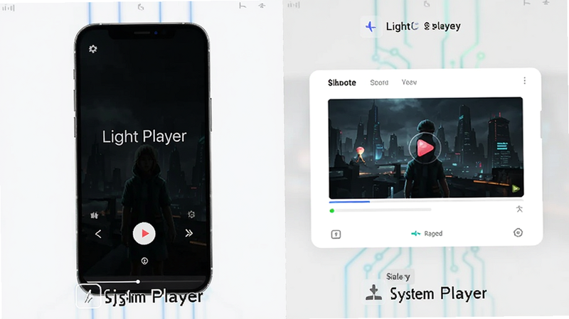 对比图,左侧为系统播放器界面,右侧为 Light Player 界面,布局左右分栏,排版对比鲜明,风格现代科技,细节显示 Light Player 界面更简洁,画质高清,干净无多余元素,文字“Light Player”与“System Player”标签清晰