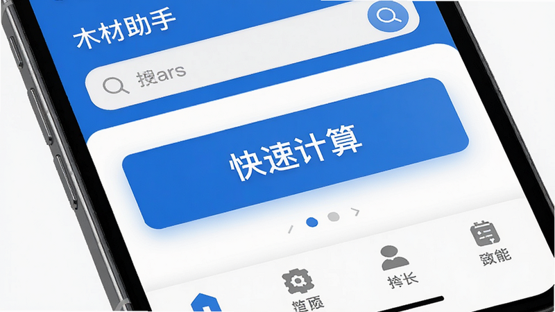 主体为一部现代智能手机屏幕,显示着“木材助手”App的主界面,界面布局清晰,顶部为搜索栏,中部为醒目的“快速计算”大按钮,底部为功能导航栏,整体风格简约商务,蓝白配色,细节精致,4K高清,无多余元素
