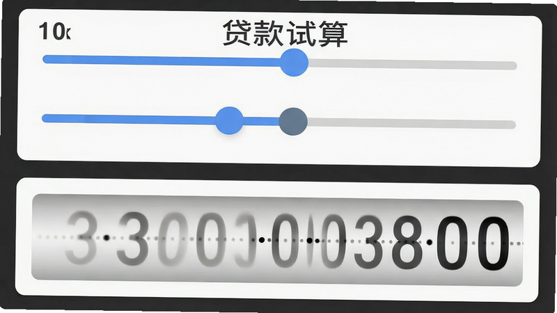主体为计算器界面,布局上下结构,上方为参数调节滑块,下方为结果展示区,排版简洁,风格为扁平化UI设计,细节包含数字滚动效果,画质高清,干净,无多余元素,文字标注“贷款试算”