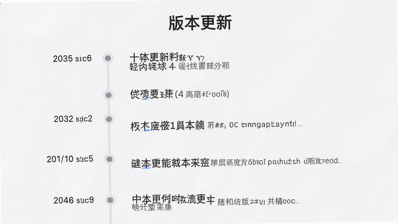 主体为版本更新说明界面,布局为时间轴样式,列出主要更新内容,排版垂直,风格为简洁列表风,细节包含版本号对比,画质清晰,干净,无多余元素,文字标注“版本更新”