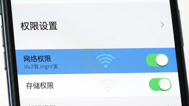 主体为手机设置界面,布局为列表形式,高亮显示“网络权限”和“存储权限”选项,排版清晰,风格为系统设置风,细节包含开关状态,画质高清,干净,无多余元素,文字标注“权限设置”