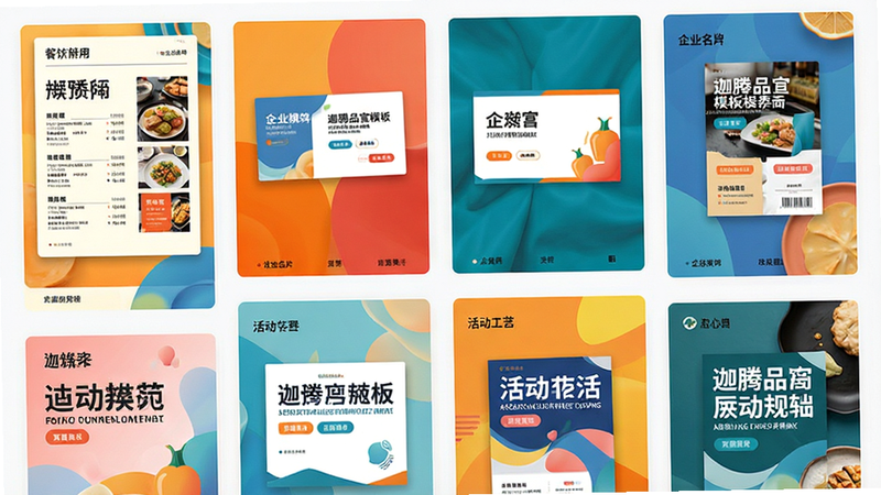 主体为迦腾品宣模板选择界面,布局为瀑布流网格,展示多个不同行业的宣传海报缩略图,如餐饮菜单、企业名片、活动传单,风格为清新简约,细节包含高饱和度色彩块与清晰文字排版,画质高清,干净无多余元素