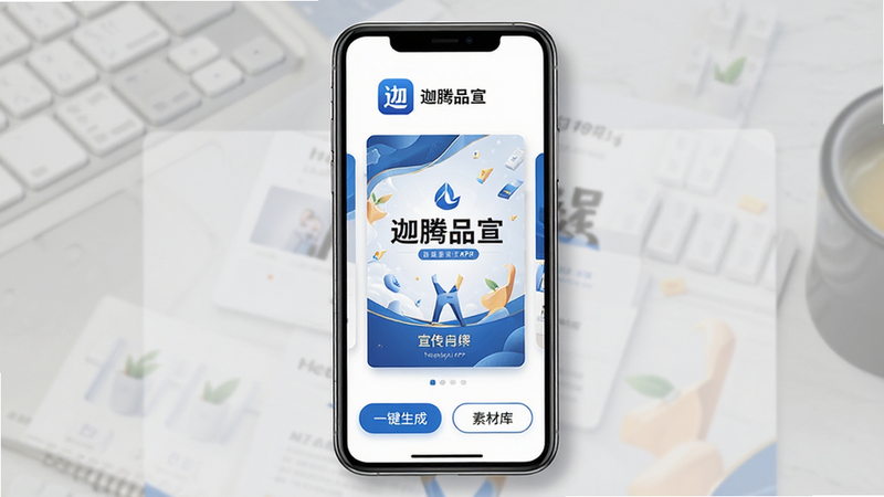 主体为迦腾品宣APP手机界面全屏展示,布局采用居中卡片式设计,顶部显示应用Logo与名称“迦腾品宣”,中部展示一个精美的品牌宣传海报模板预览,底部为“一键生成”与“素材库”按钮,风格为现代扁平化UI设计,色调以品牌蓝与白色为主,细节处包含高清图标与柔和阴影,画质4K高清,干净无多余元素