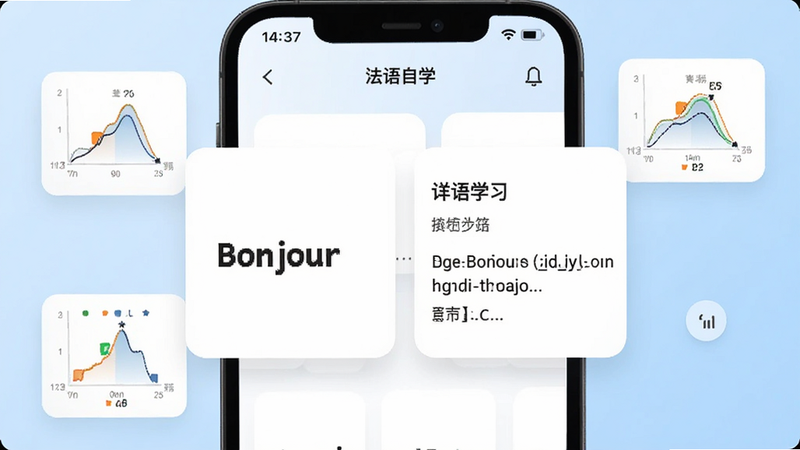 ����Ϊ��������ѧ��APP�Ĵʻ�ѧϰ���棬չʾ���ʿ�Ƭ����Ƭ����Ϊ���ﵥ�ʡ�Bonjour��������Ϊ������������䣬��Χ�����ż������ߵ�Сͼ��������Ϊ����ɫ���䣬����Լ�ִ�������ϸ�ڣ���ˮӡ