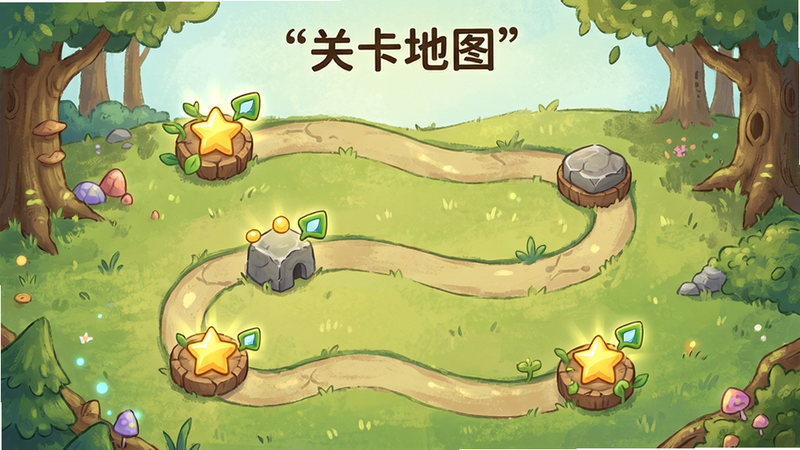 主体为游戏关卡选择地图,布局为蜿蜒路径连接多个节点,排版为纵向滚动列表,风格为童话绘本风,细节为节点上的星星奖励标识,画质高清,干净简洁,文字“关卡地图”加引号