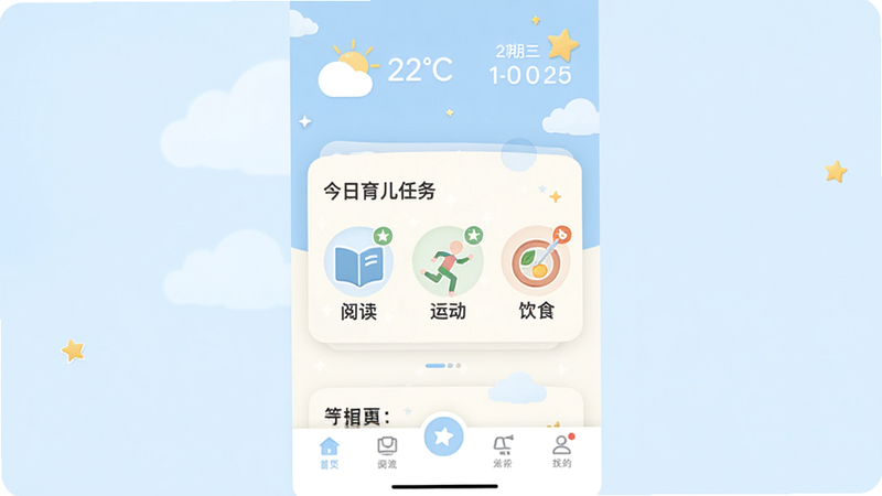 主体为家长糖APP首页界面,布局清晰,顶部显示天气与日期,中部是今日育儿任务卡片,包含阅读、运动、饮食图标,底部是导航栏,风格为清新简约的扁平化设计,色彩柔和,以淡蓝与米白为主,细节处有微小的云朵与星星装饰,画质高清,干净,无多余元素