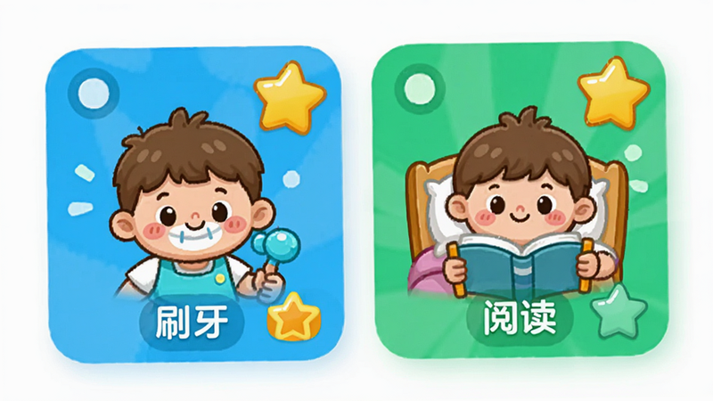 主体为家长糖APP内的习惯养成模块,布局为卡片式展示,每个卡片代表一个习惯任务,如刷牙、阅读,风格为卡通可爱风,色彩鲜艳,细节处有星星奖励图标,画质明亮,干净,无多余元素
