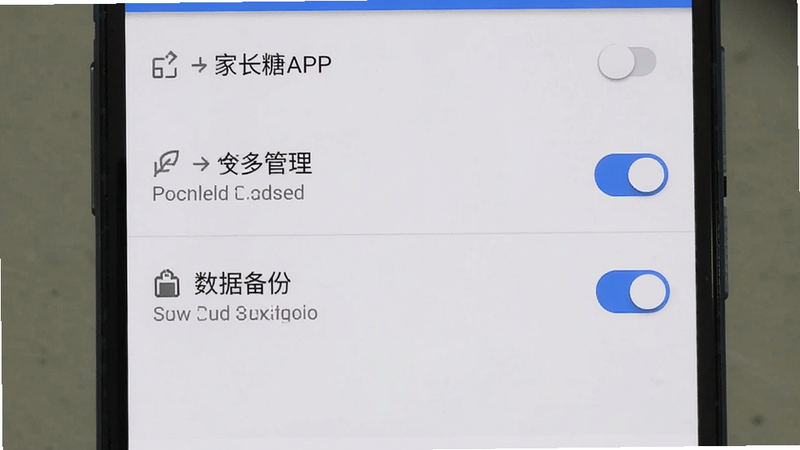主体为家长糖APP在安卓手机上的设置页面,布局为列表式,显示权限管理与数据备份选项,风格为系统原生风,色彩简洁,细节处有开关按钮,画质清晰,干净,无多余元素