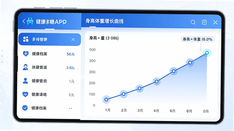主体为家长糖APP内的健康档案页面,布局为左侧列表右侧图表,显示身高体重增长曲线,风格为科技医疗风,色彩以蓝色和白色为主,细节处有数据点高亮显示,画质清晰,干净,无多余元素