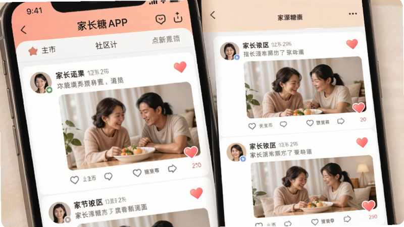 主体为家长糖APP内的社区页面,布局为信息流形式,显示用户发布的图文帖子,风格为温馨生活风,色彩柔和,细节处有爱心点赞图标,画质自然,干净,无多余元素