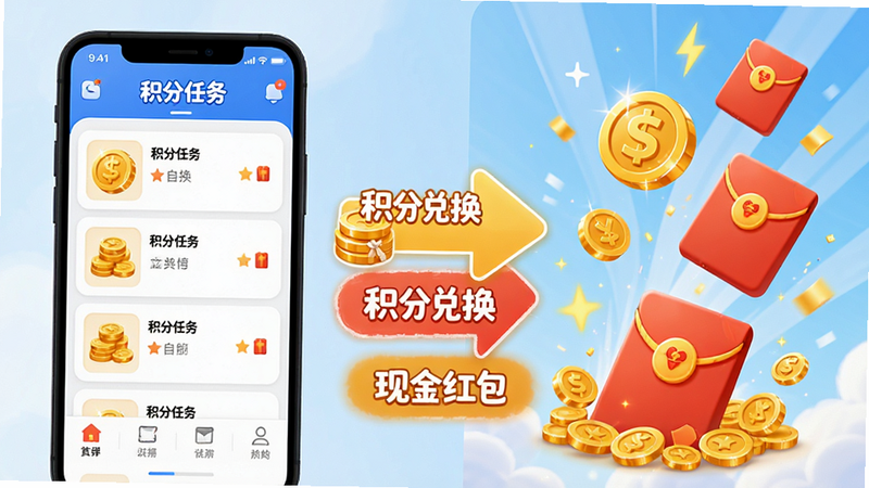 展示积分兑换流程的示意图,左侧是手机APP界面显示“积分任务”列表,右侧是金币和红包飞舞的效果,中间有一个箭头连接,文字标注“积分兑换”、“现金红包”,风格卡通可爱,色彩鲜艳,突出奖励机制,高清,无杂乱元素