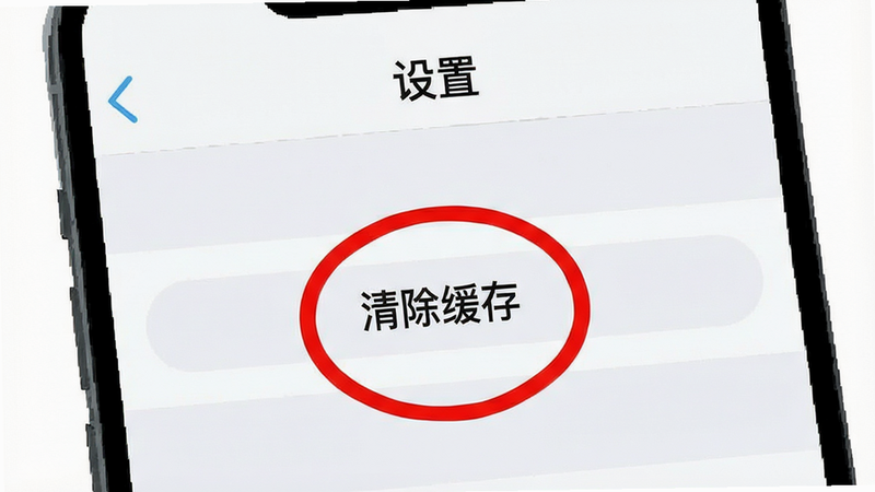 一张手机屏幕截图风格的插图,显示“设置”界面,其中“清除缓存”按钮被红色圆圈高亮标注,背景为浅色,文字清晰,风格简洁,实用性强,高清,无其他干扰元素