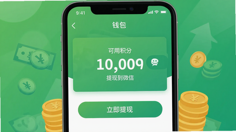 展示手机APP“钱包”界面的插图,显示“可用积分”数字和“立即提现”按钮,背景为绿色渐变,象征金钱与收益,文字清晰“积分余额”、“提现到微信”,风格扁平化,清新,高清,无多余装饰