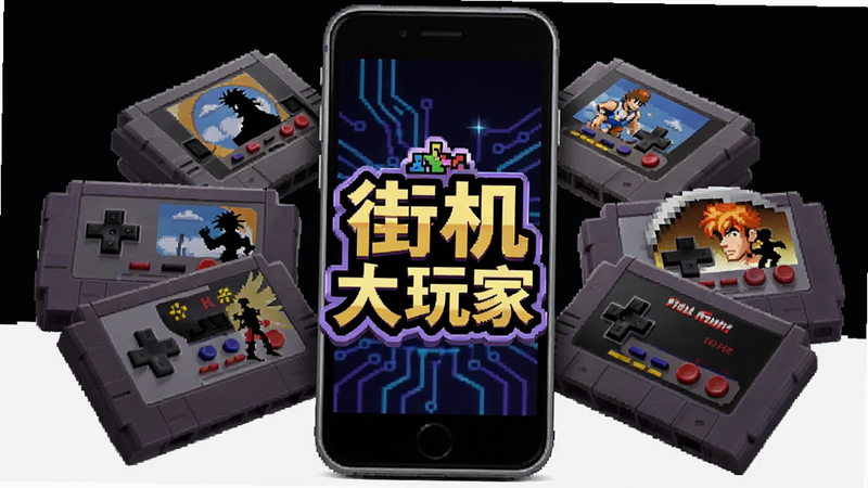 主体为多个游戏卡带堆叠在智能手机周围,屏幕显示“街机大玩家”Logo,布局呈放射状,排版有序,风格为复古像素风与现代科技结合,细节展示不同年代的游戏角色剪影,画质清晰,干净无杂乱背景