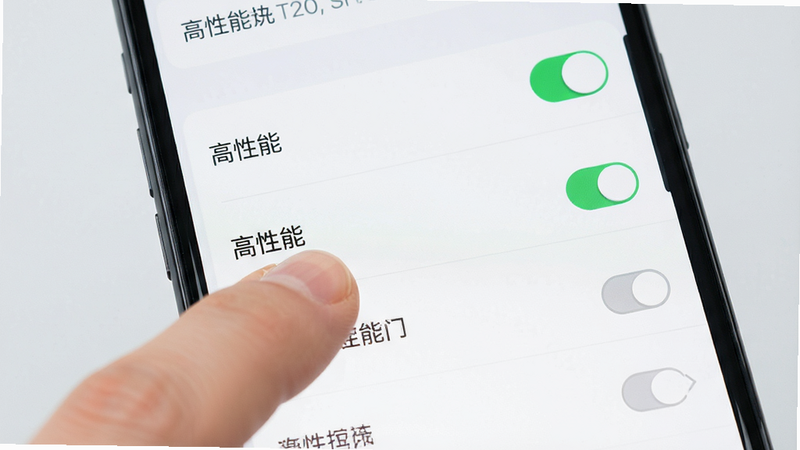主体为智能手机屏幕显示设置界面,手指正在点击“高性能”渲染选项,背景为浅灰色,布局清晰,排版简洁,风格为扁平化UI,细节展示开关按钮和选项列表,画质清晰,干净无干扰