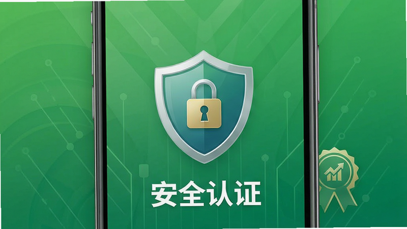 主体为智能手机屏幕显示安全盾牌图标和“安全认证”字样,背景为绿色渐变,布局居中对称,排版简洁有力,风格为商务安全风,细节展示锁形图标和认证徽章,画质高清,干净无杂乱元素