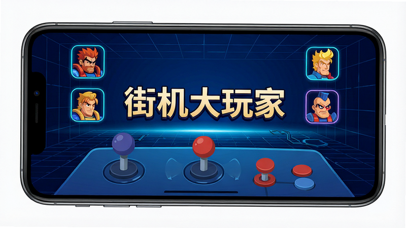 主体为一部现代智能手机,屏幕中央显示“街机大玩家”APP界面,背景为深蓝色科技感网格,布局清晰,排版整洁,风格为扁平化UI设计,细节包含高亮的街机角色图标和流畅的摇杆操作界面,画质高清,干净无多余元素