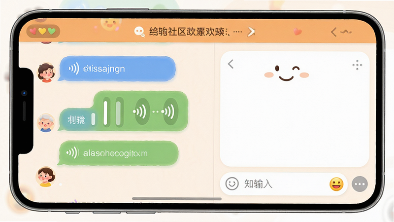 主体为“欢乐社区”APP的聊天界面,布局左侧为消息气泡,右侧为输入框,风格温馨友好,细节展示语音条与表情符号,画质细腻,干净,无多余元素