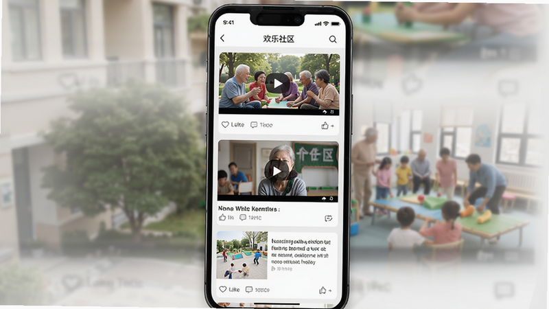 主体为“欢乐社区”APP的智能推荐信息流界面,布局为垂直滚动列表,显示不同类型的媒体内容,如图片、视频和文字,风格简洁现代,细节展示点赞与评论图标,画质清晰,干净,无多余元素