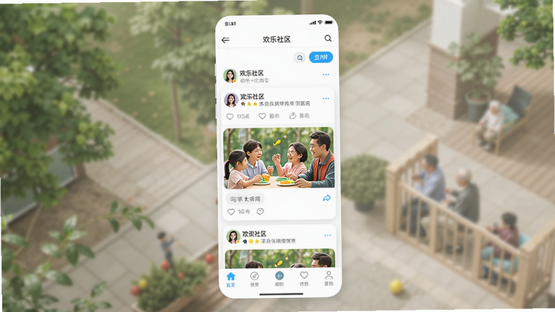 主体为“欢乐社区”APP的高保真界面预览图,布局采用现代扁平化设计,顶部显示导航栏,中部展示信息流卡片,底部为功能标签栏,风格清新明亮,细节处展现用户头像与互动按钮,画质高清,干净,无多余元素