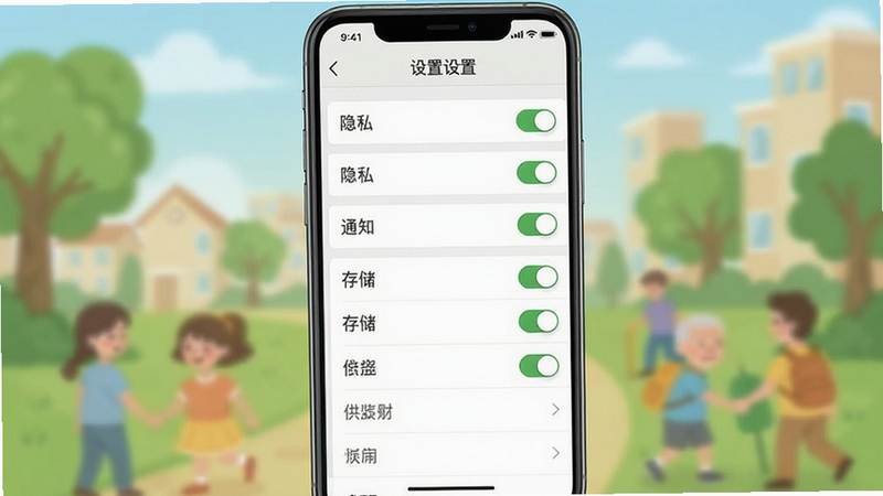 主体为“欢乐社区”APP的设置页面示意图,布局为列表式菜单,包含隐私、通知、存储等选项,风格简洁明了,细节展示开关状态,画质清晰,干净,无多余元素