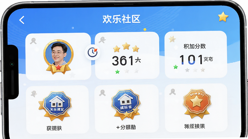 主体为“欢乐社区”APP的用户成就与积分页面,布局为卡片式展示,显示用户的等级与获得的徽章,风格激励性强,细节展示积分数值,画质精美,干净,无多余元素