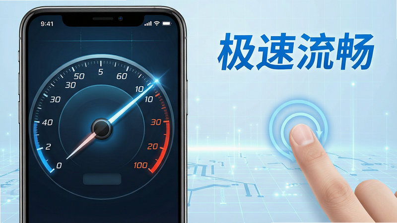 手机界面演示图,左侧为速度仪表盘指针指向最高值,右侧为流畅滑动的手指动画轨迹,背景为淡蓝色科技网格,文字“极速流畅”以醒目蓝色显示,布局左右平衡,风格科技动感,细节清晰,画质高清,干净,无多余元素
