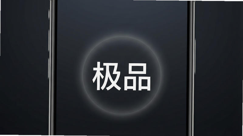 一张高清的智能手机屏幕特写,背景为深空灰渐变,手机屏幕中央显示着简洁的白色“极品”字样Logo,周围环绕着微妙的光晕效果,体现科技感与极简风格,主体居中,排版对称,风格现代简约,细节精致,画质8k,干净,无多余元素