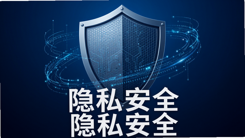 盾牌图标位于画面中心,盾牌表面有细微的六边形科技纹理,背景为深蓝色渐变,周围有数据流线条环绕,文字“隐私安全”以白色加粗显示在盾牌下方,布局中心对称,风格稳重可信,细节丰富,画质极高,干净,无多余元素
