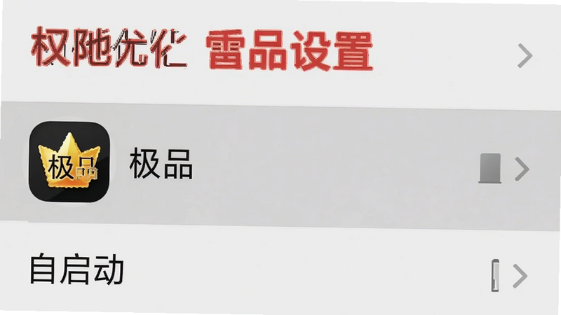 手机设置界面示意图,显示“电池优化”和“自启动”选项,其中“极品”应用图标被高亮选中,背景为浅灰色,文字“权限设置”以红色加粗显示,布局清晰,风格简洁实用,细节明确,画质清晰,干净,无多余元素