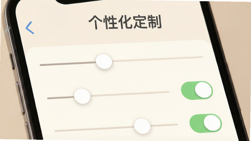 手机设置界面截图,展示多个滑块和开关选项,背景为柔和的米白色,文字“个性化定制”以深灰色显示在顶部,布局整洁有序,风格温馨友好,细节柔和,画质细腻,干净,无多余元素