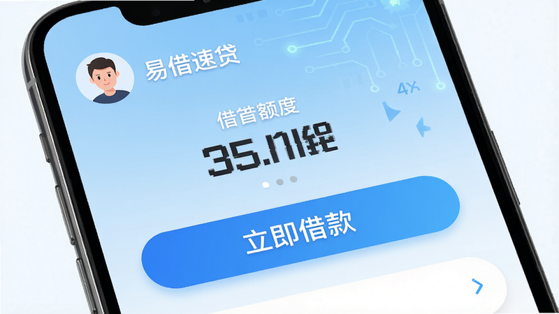 易借速贷app界面概览,主体为手机屏幕展示首页借贷额度页面,布局简洁现代,顶部显示用户头像与额度数字,中部突出“立即借款”大按钮,背景为浅蓝色渐变科技风,文字清晰可读,风格扁平化,细节精致,4k高清,干净无多余元素,包含