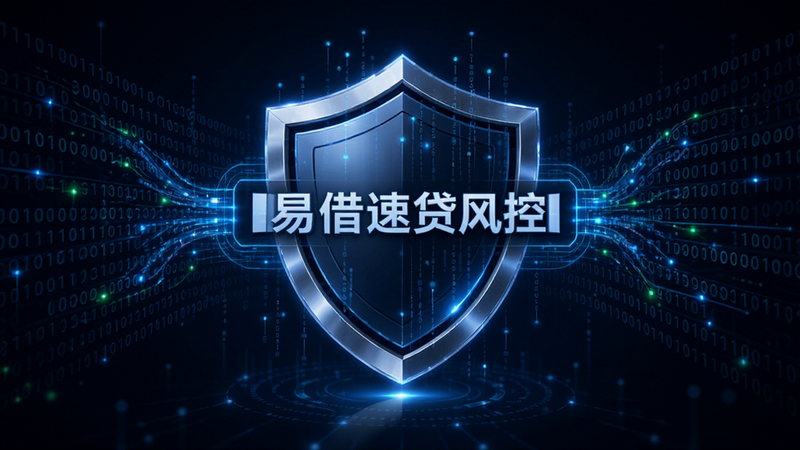 智能风控系统概念图,主体为盾牌与数据流交织,布局中心对称,排版科技感强,风格未来主义,细节包含二进制代码流,画质极高,干净,无多余元素,包含