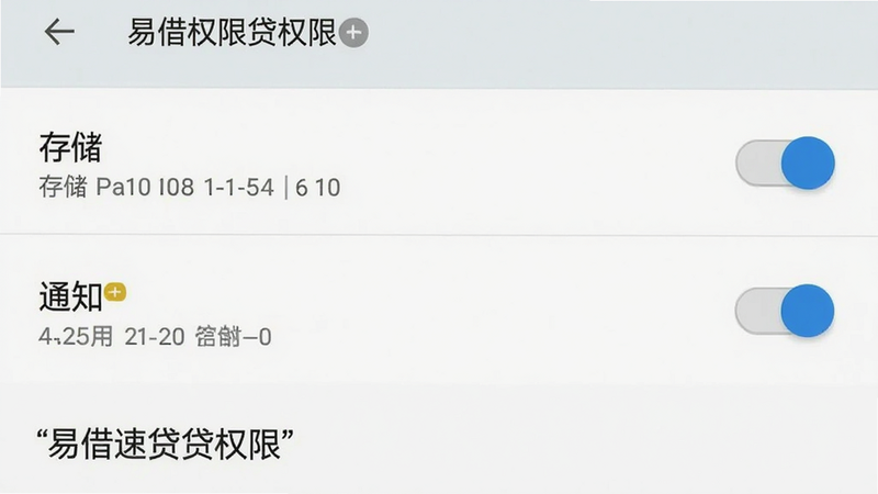 手机权限设置界面模拟图,主体为安卓设置菜单,布局列表式,排版整洁,风格系统原生,细节显示“存储”和“通知”权限开关,画质清晰,干净,无多余元素,包含