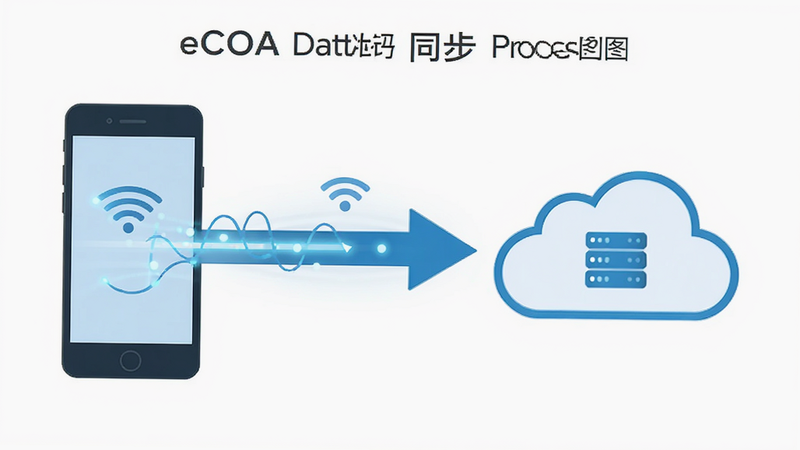 展示 eCOA 数据同步过程的示意图,主体为手机向云端箭头传输数据的动画效果,布局对称,排版简约,风格扁平化,细节展示数据流动的光效,画质清晰,干净,无多余元素