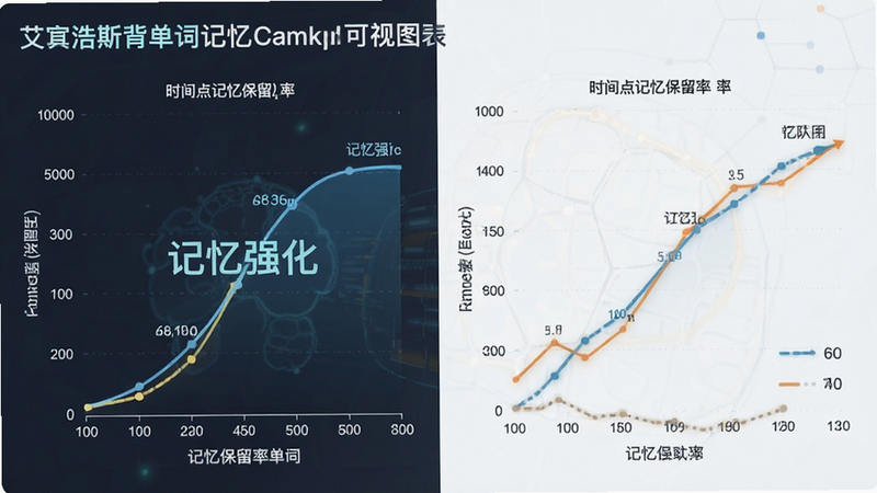 主体为艾宾浩斯背单词的记忆曲线可视化图表,布局左右分布,排版清晰,风格为数据可视化风格,细节展示不同时间点的记忆保留率,画质清晰,干净,无多余元素,文字显示“记忆强化”