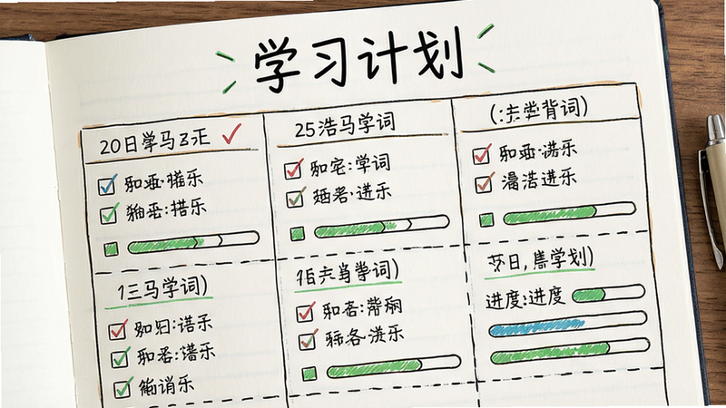 主体为艾宾浩斯背单词的学习计划表,布局网格化,排版整齐,风格为手写笔记风,细节展示每日任务打卡和进度条,画质高清,干净,无多余元素,文字显示“学习计划”