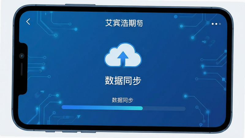 主体为艾宾浩斯背单词的同步状态界面,布局中心对称,排版简洁,风格为科技蓝调,细节展示云端同步图标和进度指示,画质清晰,干净,无多余元素,文字显示“数据同步”