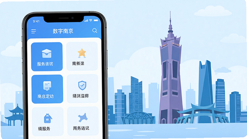 一张展示“数字南京”APP界面的概念图,主体为手机屏幕,屏幕内显示简洁的服务网格布局,背景为现代南京城市剪影,包含紫峰大厦等地标,色调清新蓝色,扁平化设计风格,高清细节,无多余元素