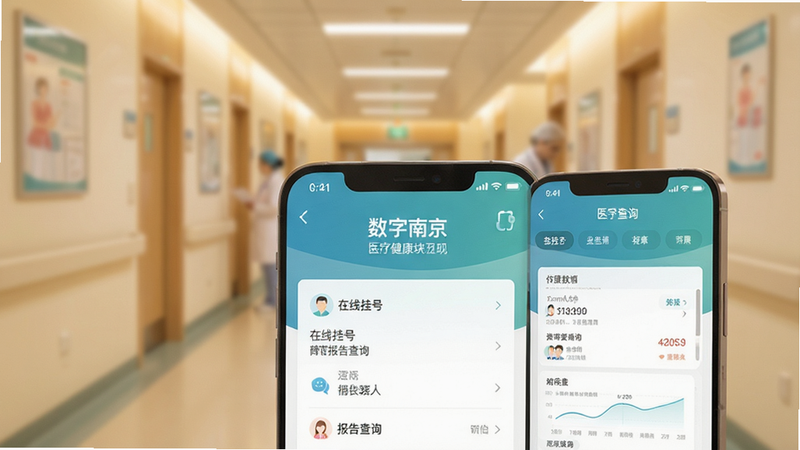 “数字南京”APP内的医疗健康模块预览,展示在线挂号与报告查询界面,背景为温馨的医院走廊虚化图,色调柔和,界面布局清晰,体现专业与关怀,高清细节,无多余装饰