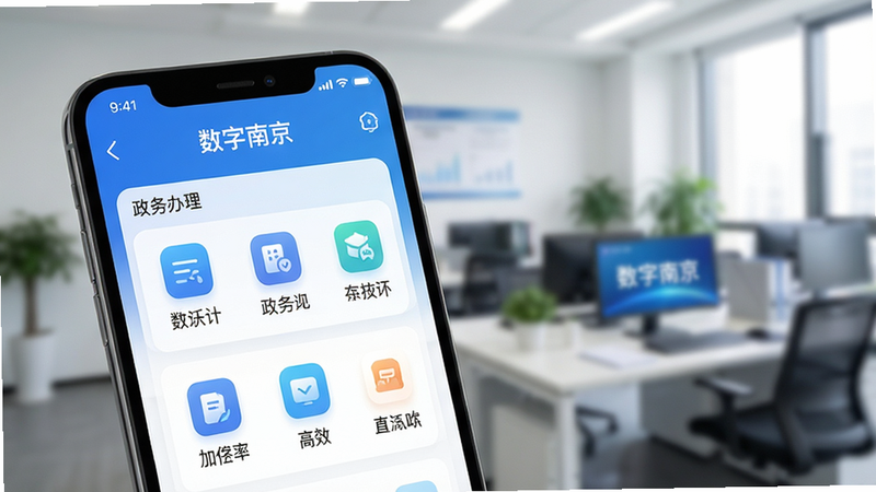 手机屏幕特写,显示“数字南京”APP内的政务办理模块,界面整洁,图标清晰,背景虚化显示办公场景,体现高效便捷,现代科技风格,高分辨率,干净背景
