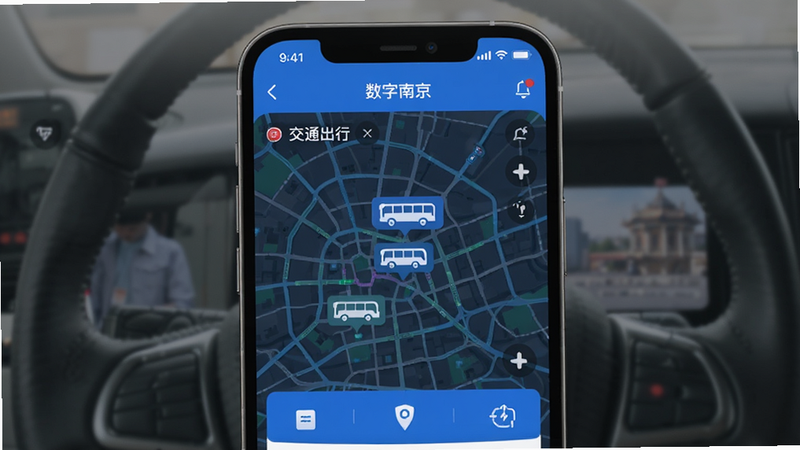 展示“数字南京”APP内的交通出行界面,地图上标注着实时公交位置,界面元素现代简约,蓝色主色调,体现科技感与实用性,细节丰富,画质清晰,无杂乱元素