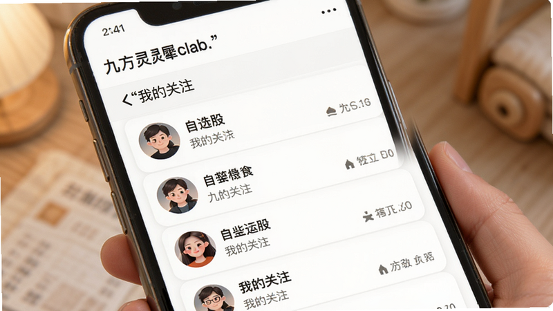 九方灵犀claw个性化资讯定制界面,主体为手机列表视图,布局为上下滚动结构,风格温馨实用,细节展示带有用户头像和自选股名称的列表项,背景为白色,画质细腻,无杂乱元素,文字加引号显示
