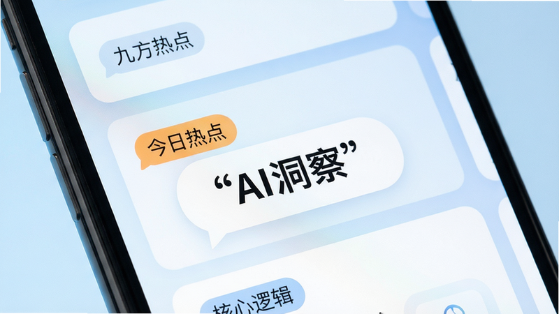 九方灵犀claw智能观点推送界面特写,主体为手机屏幕局部,布局为卡片式流式排版,风格简洁明快,细节展示带有