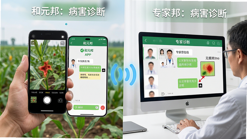 一张分屏示意图,左侧为农民手持手机拍摄作物病害照片,右侧为专家在电脑端查看并标注病害部位,中间通过信号波连接。主体突出“和元邦”APP界面中的聊天窗口,显示专家建议。风格写实与科技结合,光线明亮,细节清晰,画质高,干净背景,文字显示